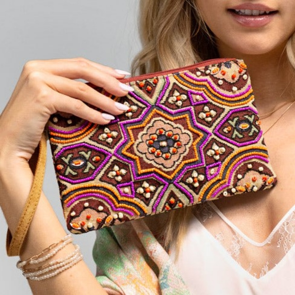 Handmade Hand Beaded Wristlet Clutch - Ethnic Inspired Motive - Dyed Fine Cotton